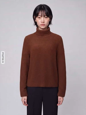 Sweter z półgolfem o kroju relaxed fit z mieszanka żywej wełny i kaszmiru model 'Febisana' Boss Ciemnobrązowy