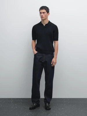Sweter Z Prążkowanej Dzianiny Z Kołnierzykiem Polo - Granatowy - - Massimo Dutti - Mężczyzna