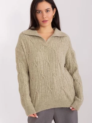 Sweter z warkoczami i kołnierzem khaki Wool Fashion Italia