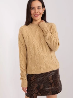 Sweter z warkoczami o luźnym kroju camelowy Wool Fashion Italia