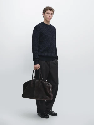 Sweter Z Warkoczowym Splotem Ze 100% Bawełny Z Okrągłym Dekoltem - Granatowy - - Massimo Dutti - Mężczyzna