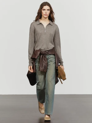Sweter Z Wełnianej Dzianiny Z Suwakiem - Ciemny Khaki - Massimo Dutti - Female