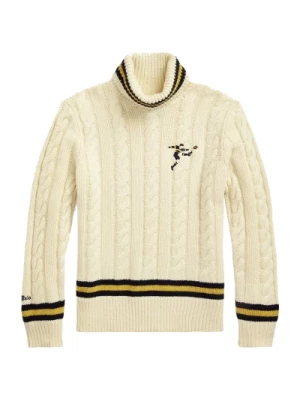 Sweter z Wzorem Kablowym i Golfem z Włókien Wełnianych z Haftem Rugby Ralph Lauren
