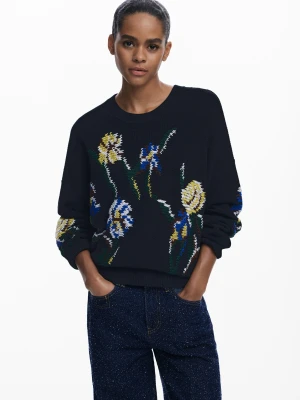 Sweter żakardowy z haftowanymi kwiatami Desigual