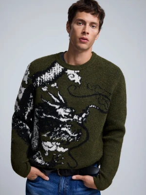 Sweter żakardowy z nadrukiem Desigual zielony