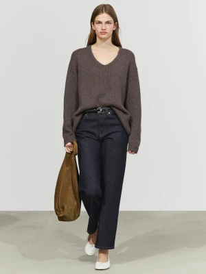 Sweter Ze 100% Kaszmiru Z Dekoltem W Serek - Popielaty Brąz - Massimo Dutti - Female
