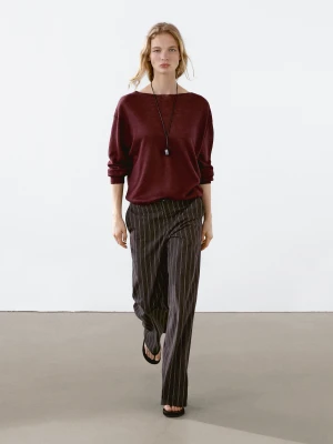 Sweter Ze 100% Lnu Z Dekoltem Łódką - Bordowy - - Massimo Dutti - Kobieta