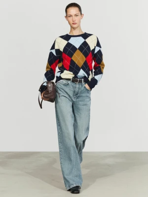 Sweter Ze 100% Wełny W Romby - Granatowy - Massimo Dutti - Female
