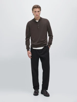 Sweter Ze 100% Wełny Z Półgolfem I Guzikami - Szarawozielony - - Massimo Dutti - Mężczyzna