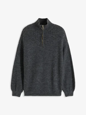 Sweter ze stójką w ażurowy wzór BonPrix szary
