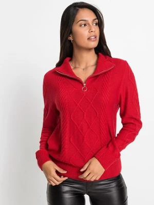 Sweter ze stójką we wzór w warkocze BonPrix czerwony