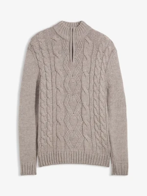 Sweter ze stójką we wzór w warkocze BonPrix szary