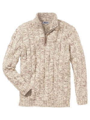 Sweter ze stójką z melanżowanej dzianiny w warkoczowy wzór BonPrix beżowy