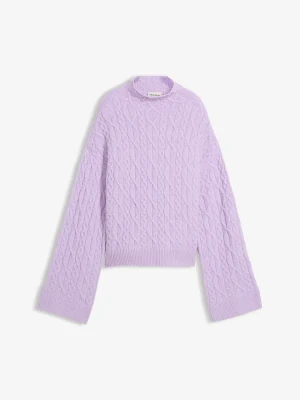 Sweter ze wzorem w warkocze BonPrix fioletowy