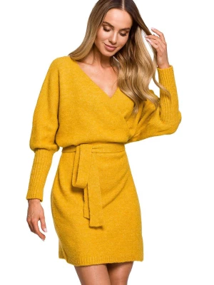 Sweterkowa kopertowa sukienka z wiązaniem żółta Polski Producent