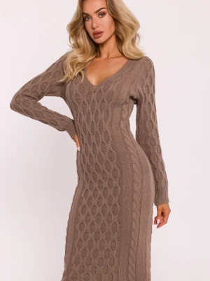 Sweterkowa sukienka z dekoltem V i modnym splotem beżowa Moe