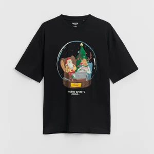 Świąteczna czarna koszulka z nadrukiem św. Mikołaja i renifera w kuli House