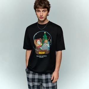 Świąteczna czarna koszulka z nadrukiem św. Mikołaja i renifera w kuli House