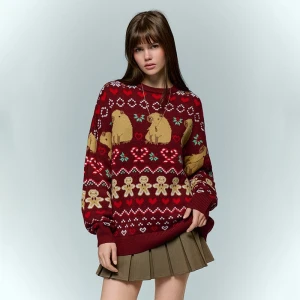 Świąteczny bordowy sweter z motywem kapibar House
