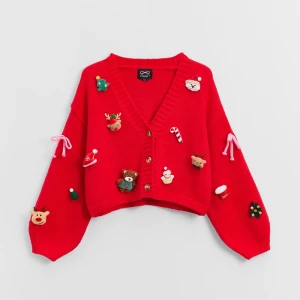 Świąteczny czerwony kardigan z trójwymiarowymi aplikacjami House