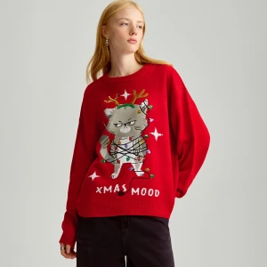 Zdjęcie produktu Świąteczny sweter z kotem czerwony House