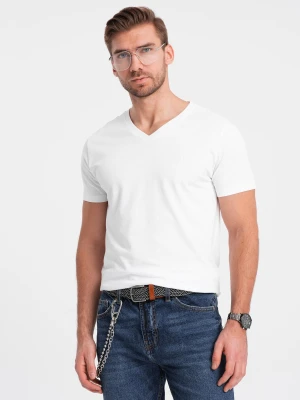 Zdjęcie produktu Sygnowany męski t-shirt V-neck z elastanem – biały V1 - Rozmiar: M Ombre Clothing