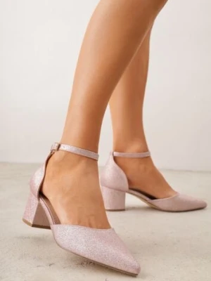 Szampańskie Czółenka VICES na Słupku ze Skórzaną Wkładką i Brokatem Corilina