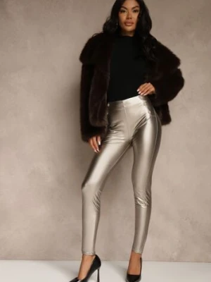 Szampańskie Legginsy High Waist z Imitacji Skóry z Gumką w Pasie Ozdobione Guzikami Sinairis