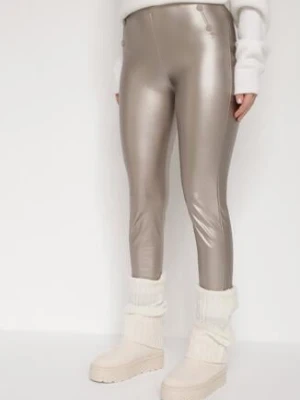 Szampańskie Legginsy z Ekoskóry z Guzikami Wysokim Stanem i Gumką w Talii Sintheria