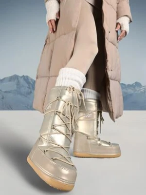 Szampańskie Ocieplane Śniegowce na Płaskiej Grubej Podeszwie ze Ściąganą Cholewką i Wiązaniem Heatua