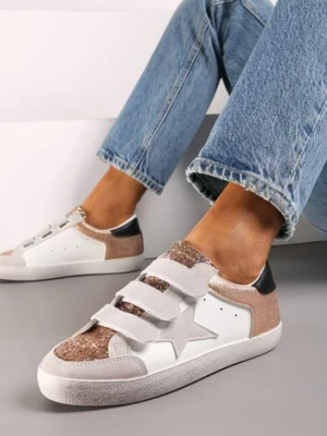 Szampańsko-Białe Sneakersy Ozdobione Brokatem z Rzepami Dolanda