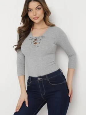 Szara Bawełniana Bluzka w Prążki z Gorsetowym Wiązaniem Przy Dekolcie Jarelis las garras