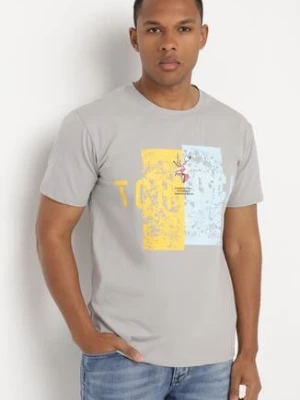 Szara Bawełniana Koszulka T-Shirt z Krótkim Rękawem i Ozdobnym Nadrukiem Branessa