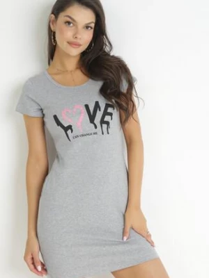 Szara Bawełniana Sukienka T-shirtowa z Napisem Avera
