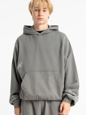 Szara bluza BOXY z kapturem z minimalistycznymi nadrukami Reporter