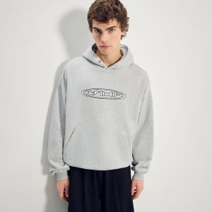 Szara bluza oversize z kapturem i dużym nadrukiem z przodu House