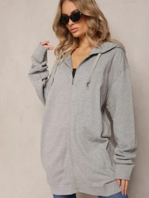 Szara Bluza Oversize z Kapturem i Zapięciem na Suwak Bilende