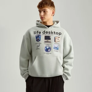Szara bluza z kapturem i nadrukami Life Desktop House