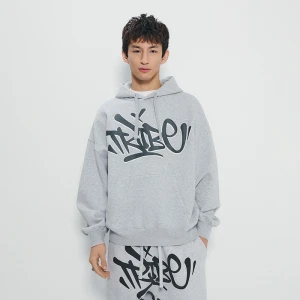 Szara bluza z kapturem oversize cropped z nadrukiem graffiti House