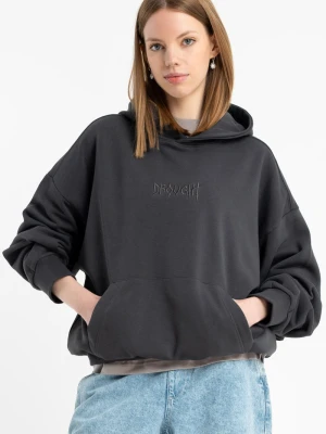 Szara bluza z kapturem z autorską grafiką z tyłu Reporter