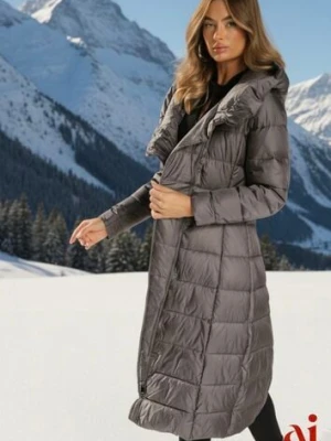 Szara Długa Kurtka Płaszcz z Pikowaniem i Kapturem Tittonna ann gissy