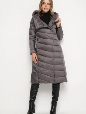 Szara Długa Pikowana Kurtka Płaszcz z Kapturem i Ozdobnymi Suwakami Vlemika ann gissy