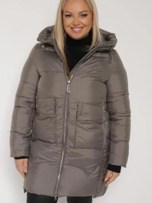 Szara Długa Pikowana Kurtka z Nieodpinanym Kapturem Mevessia