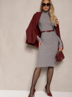 Szara Dopasowana Prążkowana Sukienka Sweterkowa z Golfem Wełną Bawełną i Kaszmirem Vaiovia