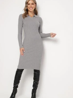 Szara Dopasowana Sukienka Sweterkowa z Modalem i Wiskozą Ozdobiona Kołnierzykiem Seanelora newstar