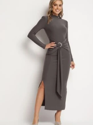 Szara Dopasowana Sukienka z Półgolfem Trenem i Rozcięciem Miredi allyson