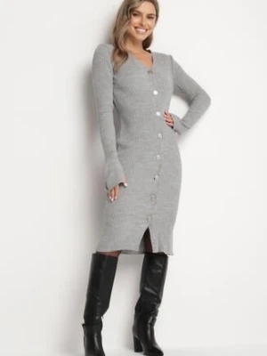 Szara Dopasowana Sukienka z Prążkowanego Materiału Ozdobiona Guzikami Stintea miss poem