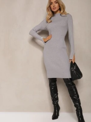 Szara Dopasowana Sukienka z Wiskozą i Modalem z Prążkowanej Dzianiny Ozdobiona Guzikami Zeanitha newstar