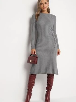Szara Dopasowana Sukienka z Wiskozą z Prążkowanego Materiału Ściągana Troczkiem Eleavia jumelle