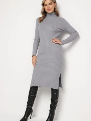 Szara Dopasowana Sweterkowa Sukienka z Golfem i Wiskozą Ninnaliria wei wei
